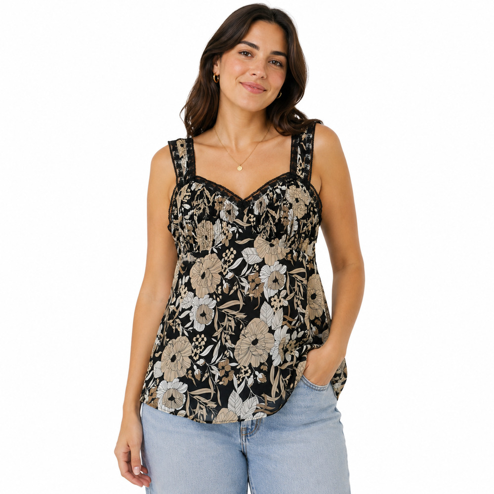 Bandolino Y2K Babydoll Whimsigoth Romantic Lace Trim Chiffon Fairy Top Cami 14